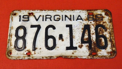 $11 • Buy Vintage 1965 Virginia Va. License Plate Tag White / Black 876-146 *** Patina ***