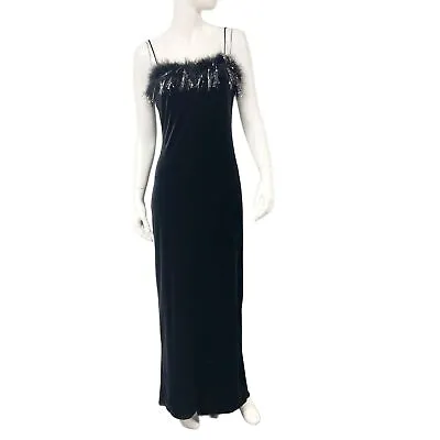 Vintage 1990s Y2K Roberta Black Velvet Slip Dress Marabou Feather Trim Womens L • $98