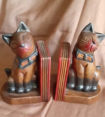 CAT BOOKENDS Wood Hand Carved & Painted Vintage Thailand Cats Kitties • $24.99