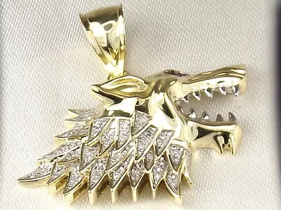 10k Yellow Gold .417 Diamond-.13 Tcw & Ruby Fine Wolf's Head Pendant • $239