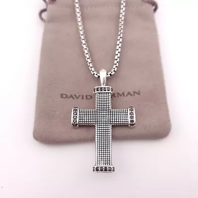 Vintage David Yurman Sterling Silver Black Diamond Wave Dot Cross Pendant Chain • $399.99