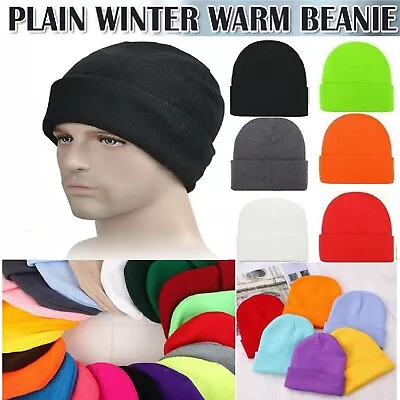 Unisex Plain Winter Ski Thermal Warm Knitted Wool Plain Beanie Hat Cap Outdoors • $12.49