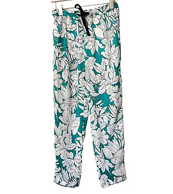Zara Basic Teal Green White Floral Silky Jogger Pants Size Medium M • $10.40