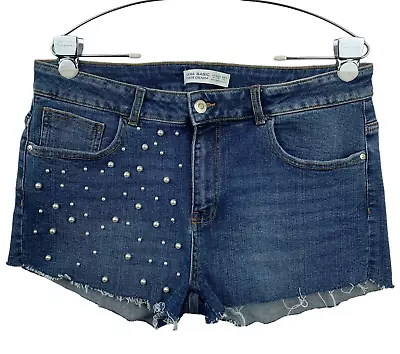 Zara Basic Women's Denim Shorts 10 Blue Mid Rise Pearls Frayed Hem Z1975 Denim • $20.39