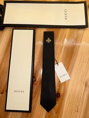 Gucci Men's Golden Queen Bee Underknot 100% Silk Black Tie Widest 2.75  Nwt • $129.99