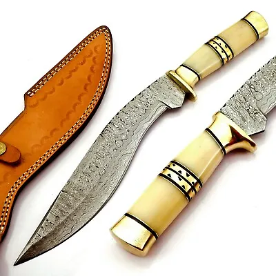Damascus Kukri Knife Exotic Camel Bone And Brass Handle Ladder Pattern Sharp 17 • $110