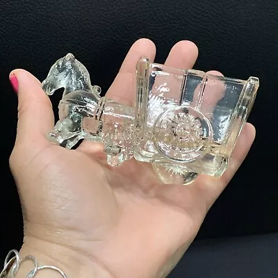 Vtg Miniature Horse Donkey Pulling Cart Clear Depression Glass Figurine Planter • $18.47