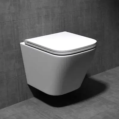 Durovin Bathroom Toilet Pan Ceramic Wall Hung Square Rimless WC+ Soft Close Seat • £144.95