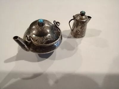 Vintage Navajo Sterling Silver Miniature Teapot & Coffee Pot Turquoise Signed • $94