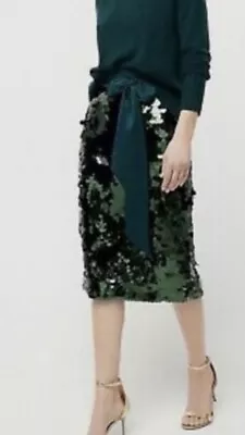 NWT J Crew Sz 4 Paillettes Sequin Sash Belt Green Midi Long Skirt Holiday AF438 • $159.96