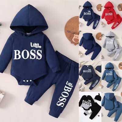 Newborn Baby Boys LITTLE BOSS Sweatshirt Tops Pants Tracksuit Outfit Set Clothes • £8.89