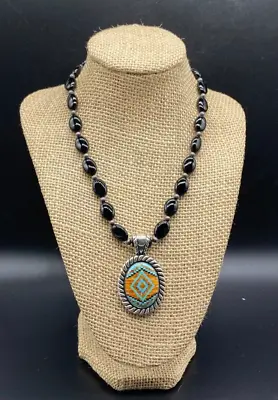 CAROLYN POLLACK-Sterling SW Black Agate Bead Mosaic Inlay Oval Pendant Necklace • $156