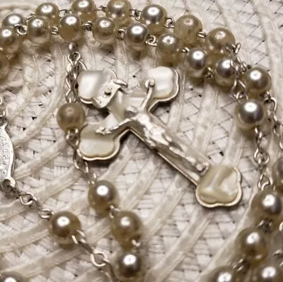 Vintage Rosary Mother Of Pearl Crucifix Pearl Color Beads Christian H80 • $29.99