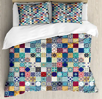 Moroccan Duvet Cover Set With Pillow Shams Ornate Patchwork Motif Print • $89.99