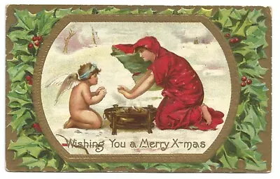 Vintage Christmas Postcard Cute Angel Pretty Lady In Red Dress Share A Fire 1918 • $2.25