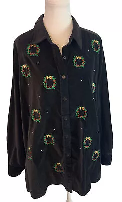 The Quaker Factory Black Velvet Button Down Embroidered WREATH RHINSTONES  Sz 2X • $17.99