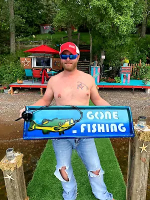 $84.50 • Buy Vintage Aqua Blue Cabin Metal Gone Fishing Tailgate Sign W/ Pole Man Cave Decor