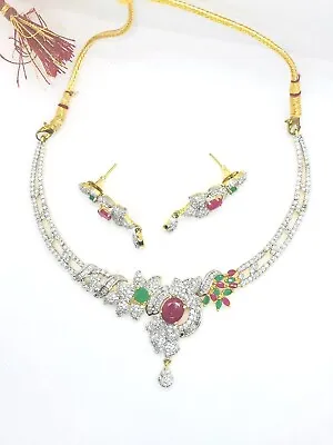 22ct Gold Indian Diamond Ruby Emerald Indian Pakistani Bridal Jewellery Set  • £32.99