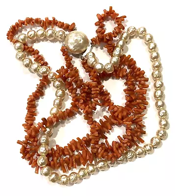 Vintage Richelieu Triple Strands Faux Pearl & Genuine Twig Coral Necklace • $15.99