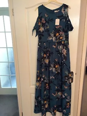 Oasis Teal Butterfly & Floral Cold Shoulder Maxi Dress Size 12 Bnwt • £20