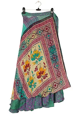 Sushila Vintage Vintage Sari Magic Wrap Skirt Bohemian Double Layer Green • $18.40