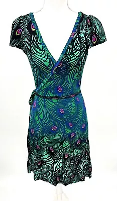 MATTHEW WILLIAMSON H&M PEACOCK PRINT WRAP DRESS Sz S Blue Green Jersey Stretch • $48