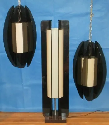 Smoked Lucite Tower Table Lamp And 2 Hanging Swag Modeline Mid Century Modern   • $999