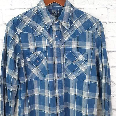 Ely 1878 Western Cowboy Long Sleeve Pearl Snap Plaid Shirt Mens Small Blue • $15