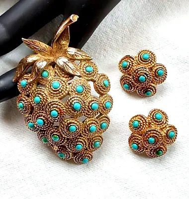 Vintage Signed HAR Brooch & Earring Set Turquoise Seed Bead Accents Rare • $229