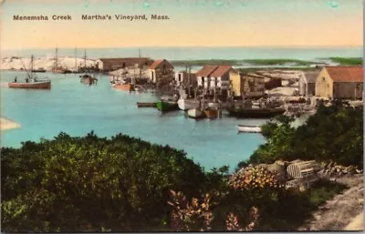 Menemsha Creek Martha's Vineyard MA Harbor Boats Hand Colored Albertype Postcard • $18.96