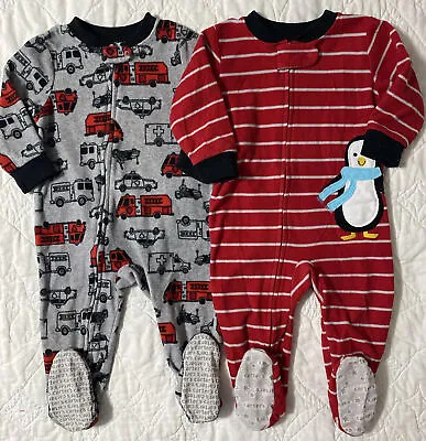 Lot Of 2 - Footed Fleece Pajama Sleeper 12 Months Carter's Trucks & Penguin • $13.99