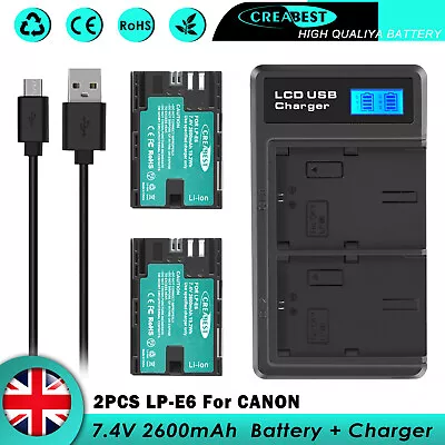 2x LP-E6 LP-E6N Battery + Charger For Canon EOS 5DS 7D 6D Mark III 60D 90D 80D • £27.95