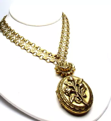 Vintage Coro Large Gold Tone Locket Necklace Revival In Box • $129