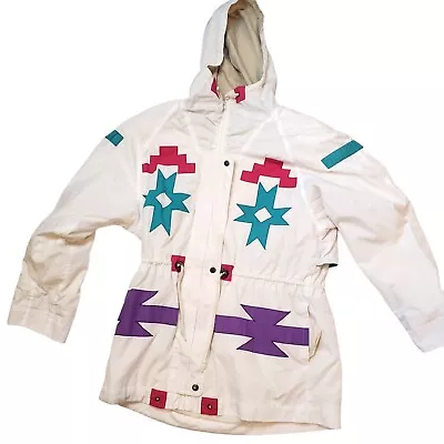 Vintage 90s White Southwest Tribal Aztec Print Hooded Jacket Midweight MD FLAW • $29.99