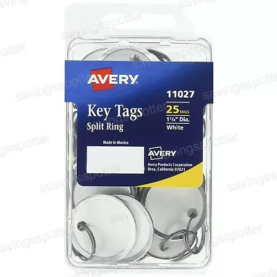 25 Ct. Avery 11027 Key Tags Split Ring Metal Rim Round  1-1/4  Diameter White • $11.39