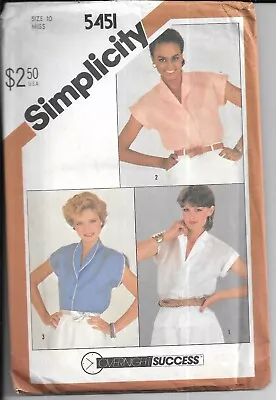 SIMPLICITY 5451 Vintage Sewing Pattern Misses' Shirts Size 10 1982 • $10.54