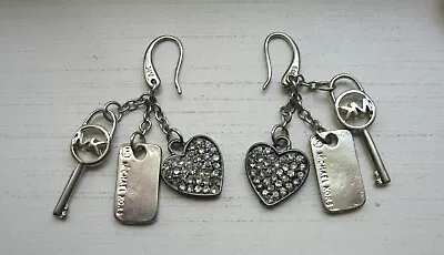 Michael Kors Silver Tone Pave Heart Tag & Skeleton Key Dangle Earrings • $29.95