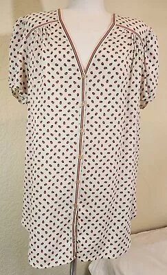 Max Studio Women Ladybug Print Button Up Short Sleeve Top Size M Ivory Pink • $8.50