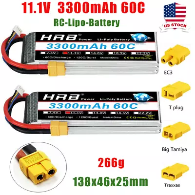 2x HRB 11.1V 3S LiPo Battery 3300mAh XT60 Plug For RC Helicopter Airplane Car • $42.99