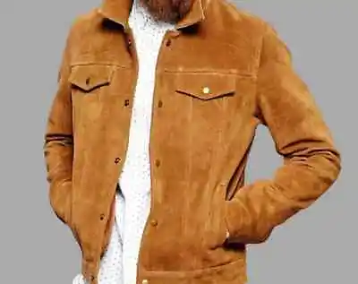 Men 100% Real TAN Suede Leather Trucker Jacket Premium Style Shirt Western Wear • $157.49