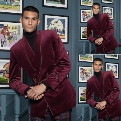 Burgundy Velvet Men's Smoking Jacket Vintage Coat Dinner Party Prom Wear Blazer • $6.99