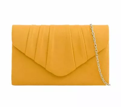 Women's Pleated Plain Suede Wedding Party Prom Evening Clutch Bag Handbag Chain • £12.50