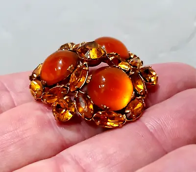 Vintage Domed Kramer Brooch TANGERINE Glass Cabochons And Crystal Rhinestones • $80