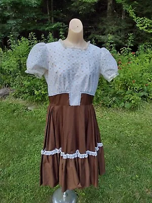 VTG 70s Peach Floral With Brown Partners Please Square Dance Dress Malco Modes L • $40