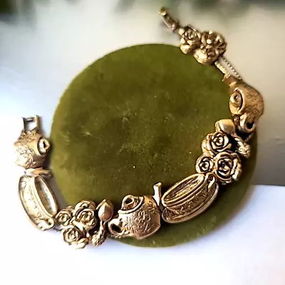 Vintage Estate Tea Time Gold Tone Slider Charms Bracelet 7  Wrist • $0.99