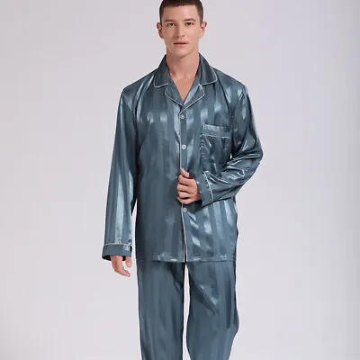 Men's Spring/Summer Jacquard Striped Pajama Set Silk Housewear 2 Piece Set • $25.50