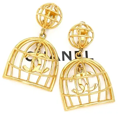 CHANEL CC Logos Bird Cage Basket Clip-On Earrings Gold Tone 93P Auth W/Box • $2580