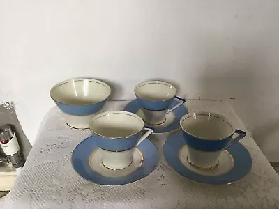 3 X Palissy Art Deco Cups Saucers Blue & White Gold Rim & Matching Sugar Bowl • £14.99