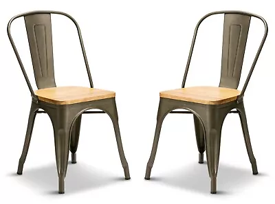 2 Gun Metal Oak Wood Seat Tolix Style Stacking Dining Chairs Metal Industrial • £89.99