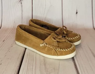 MINNETONKA MOCCASIN 403L Kilty Hardsole Moc Brown Suede Women's Size 6.5 • $14.95